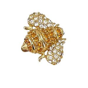 Monet Rare Gold Tone Bee Brooch With Orange & Clear Crystals
